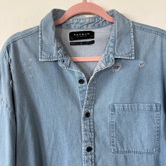 Pac Sun Boho Distressed Denim Chambray  Long Sleeve Button Down Shirt Large - Picture 4 of 12